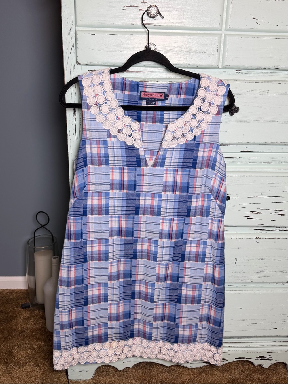 Vineyard Vines Blue and Pink Plaid Sleeveless Dress with Lace, size 10.